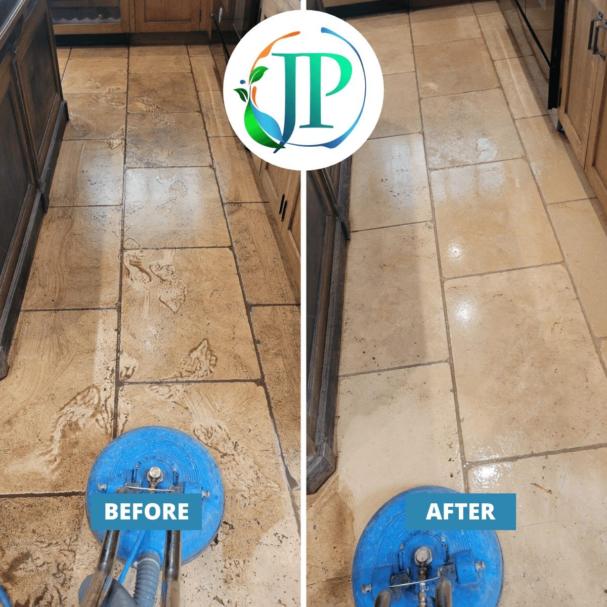 Before and after travertine cleaning result